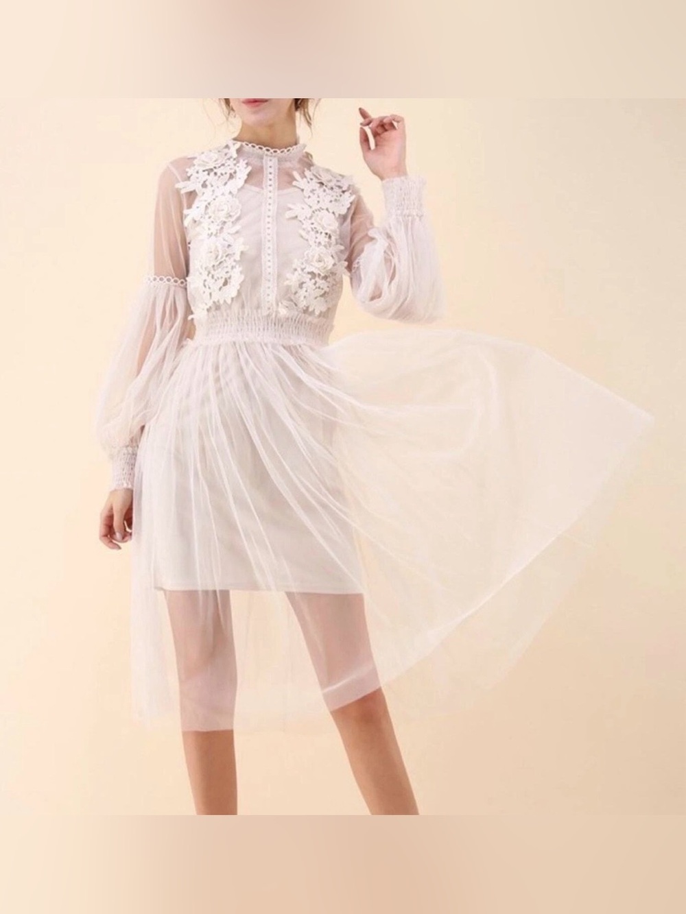 THE WAY Cottagecore Lace Tul Midi Dress One Size Small Fairycore Boho Cream